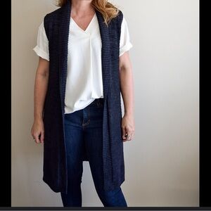 SHERRY CASSIN Linen Sleeveless Cardigan Knit Hooded Longline Open Vest Large